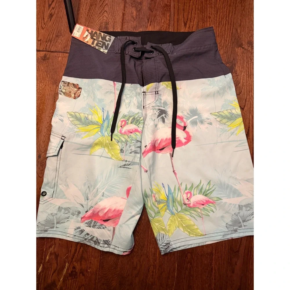 Hang Ten Mens Flamingo Tropical Board Shorts Blue‎ Grey Swim Trunks Size 30 NWT